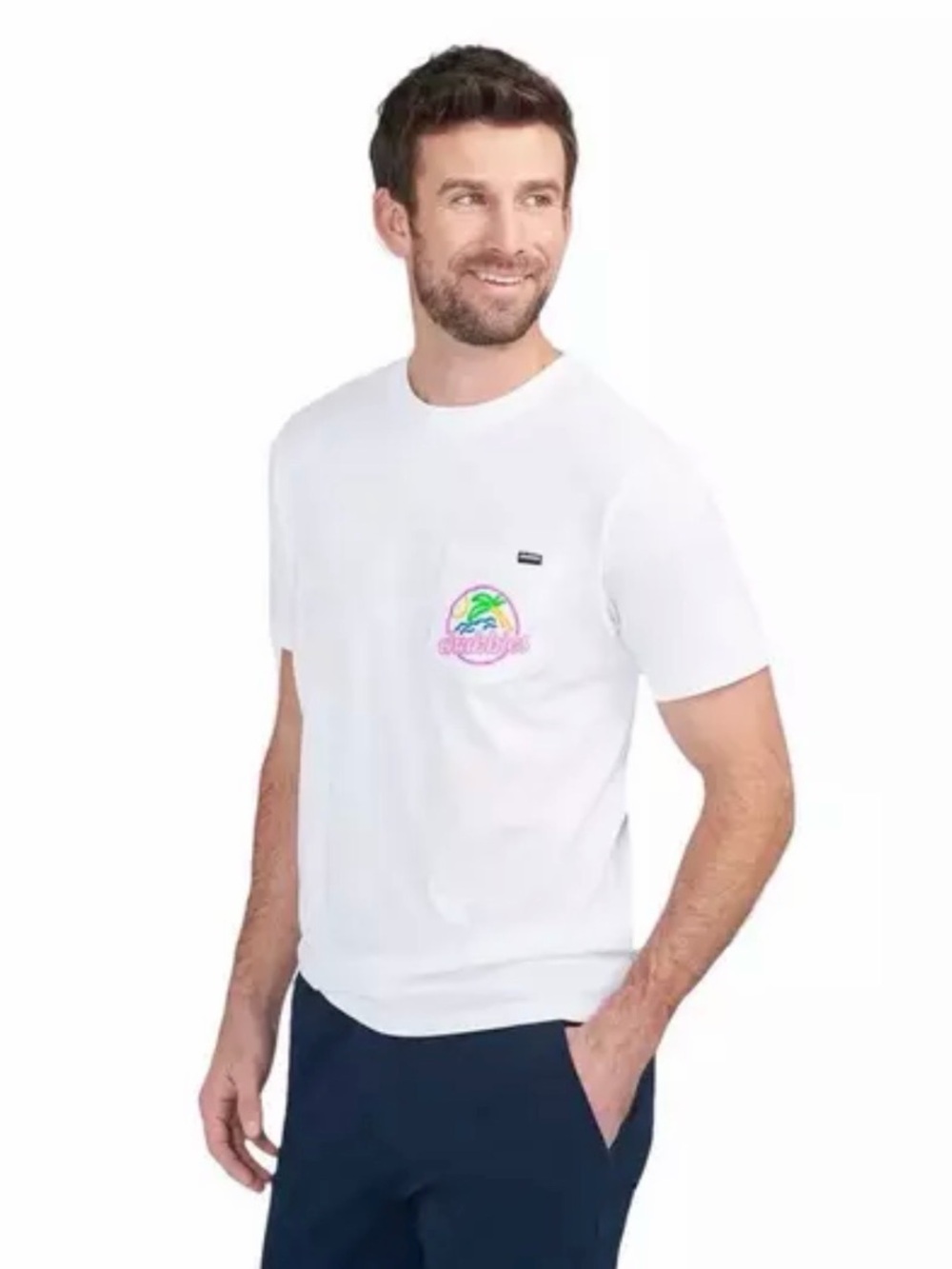 Men’s chubbies White Crewneck T-Shirt with Pink & Green Pocket Graphic
